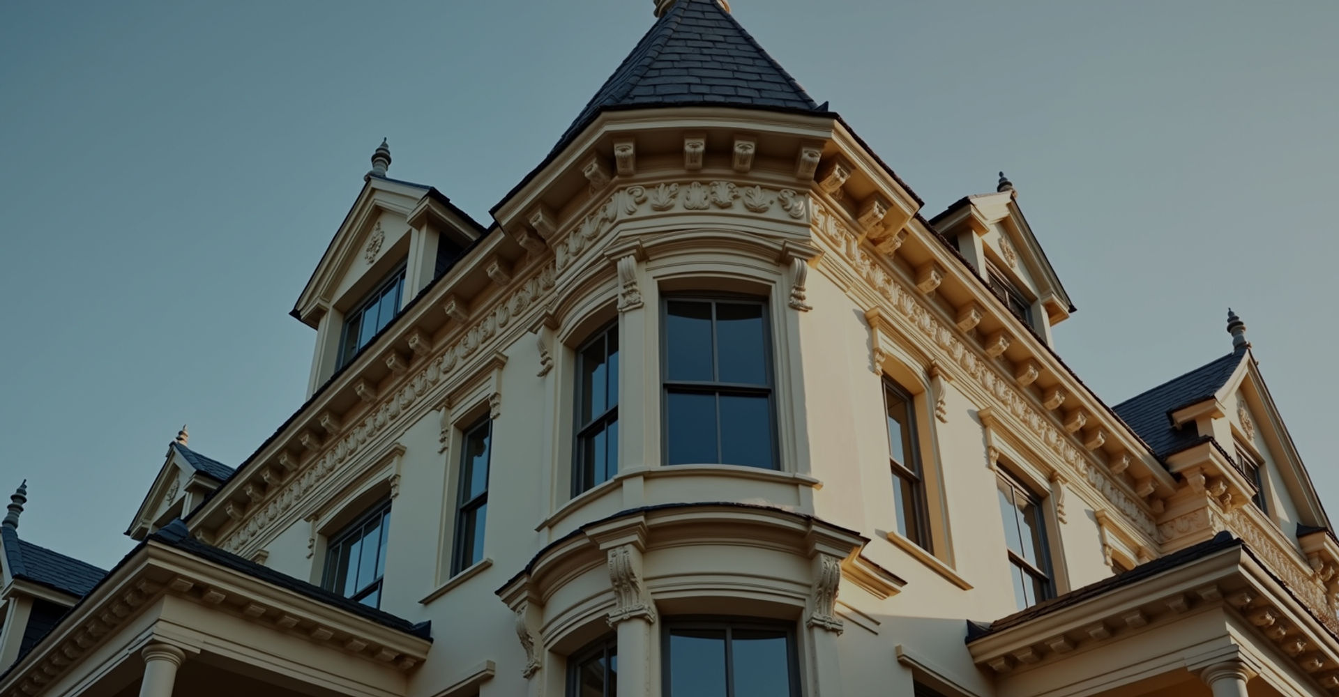 Ornate façade of a period building at dusk